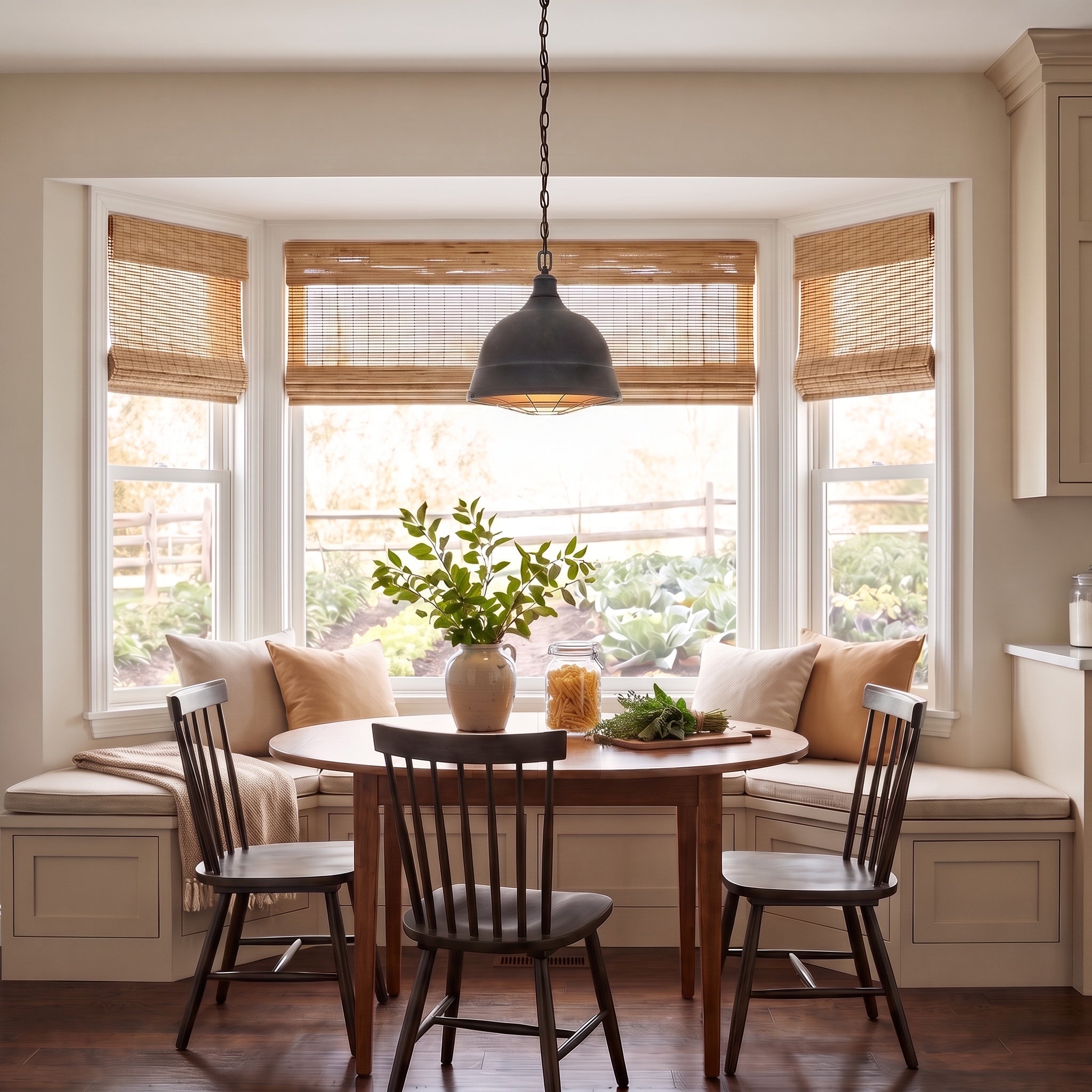 Bartlett 2-light Pendant in Black Patina, AI-visualized breakfast nook scene - Golden Lighting