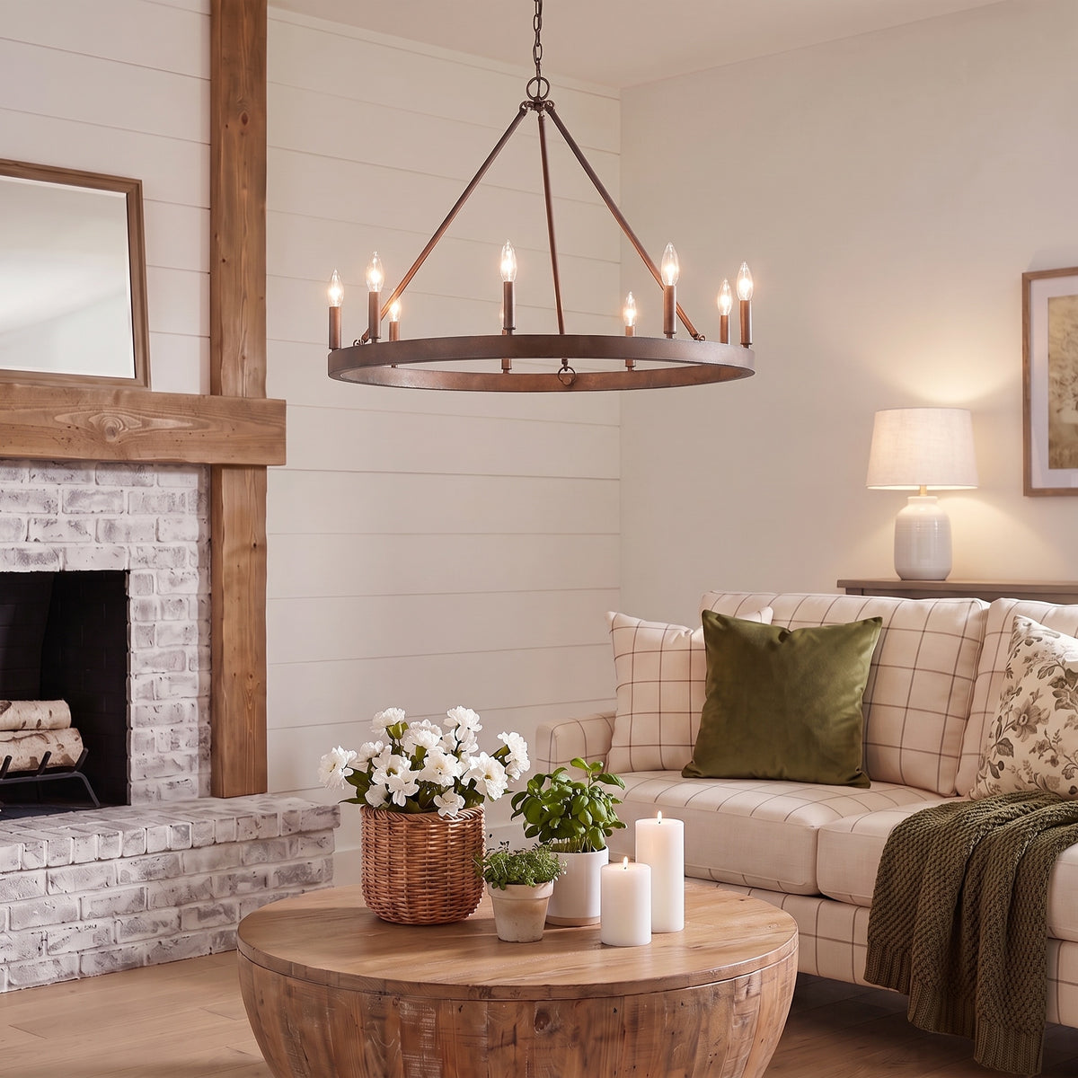 Carraway 9-light Chandelier in Copper Patina, AI-visualized foyer scene - Golden Lighting