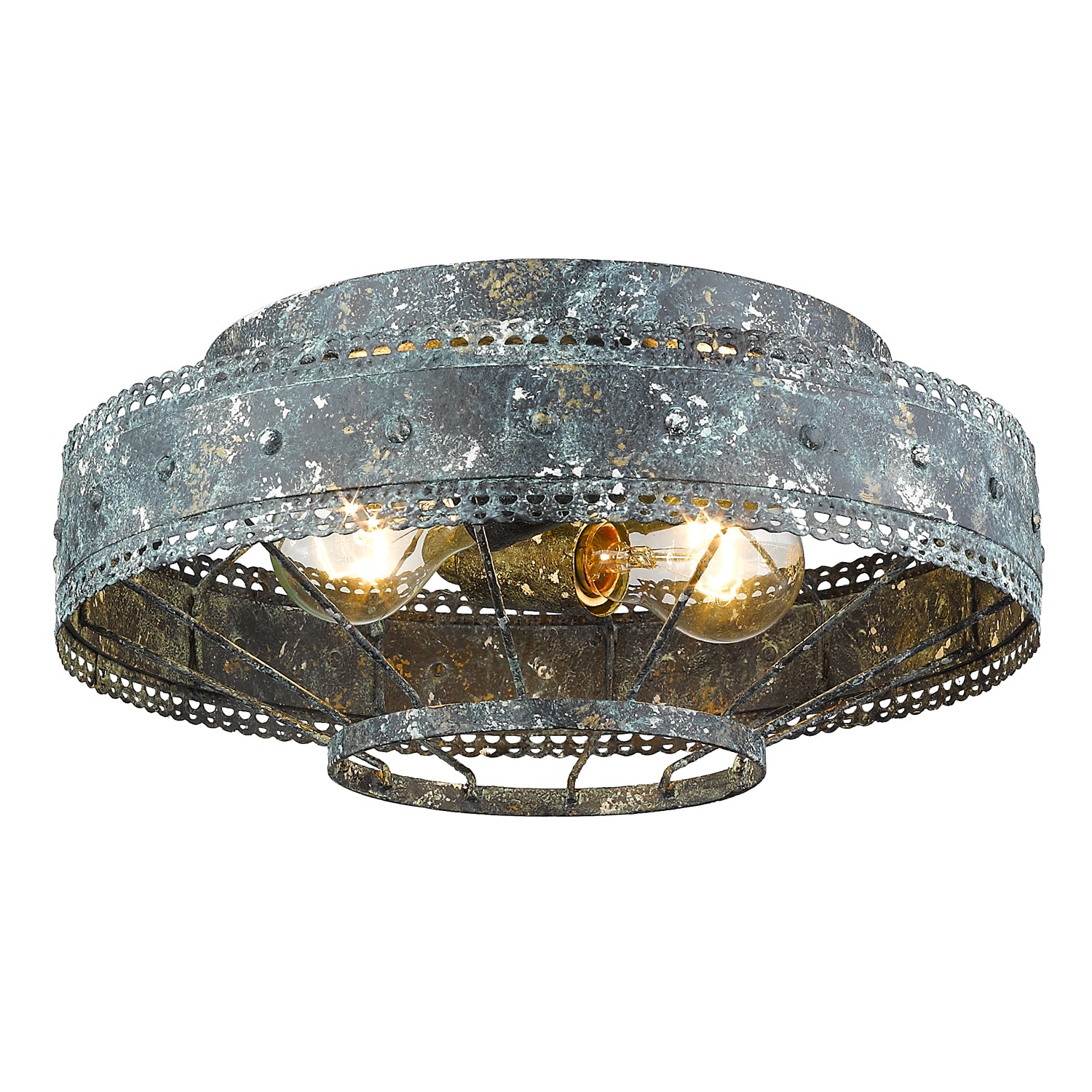 Wry Lighting Ferris 2-light Flush Mount in Blue Verde Patina - - Golden Lighting