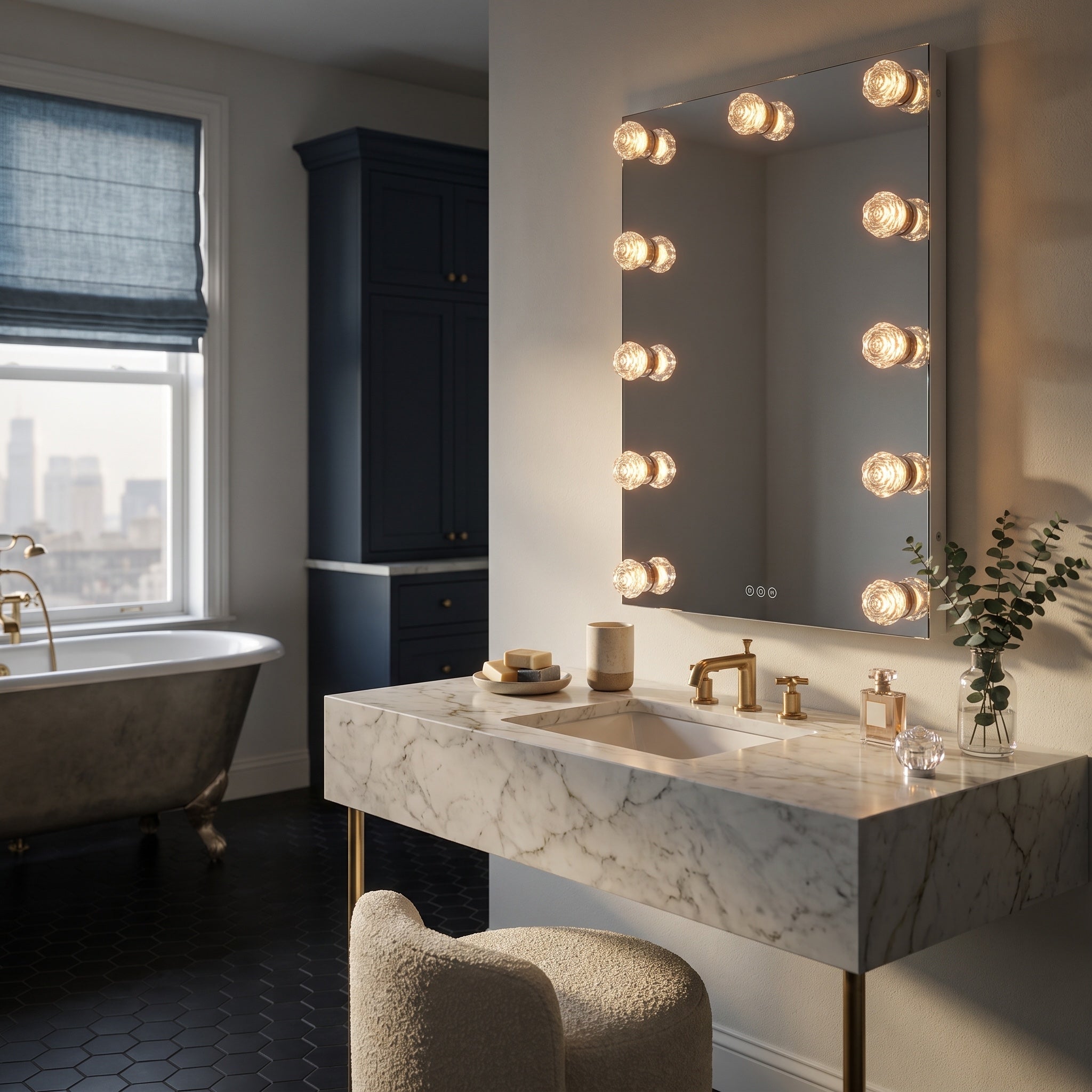 Starlight 24" LED Mirror with Clear Glass Rose diffusers, AI-visualized bathroom scene - Golden Lighting