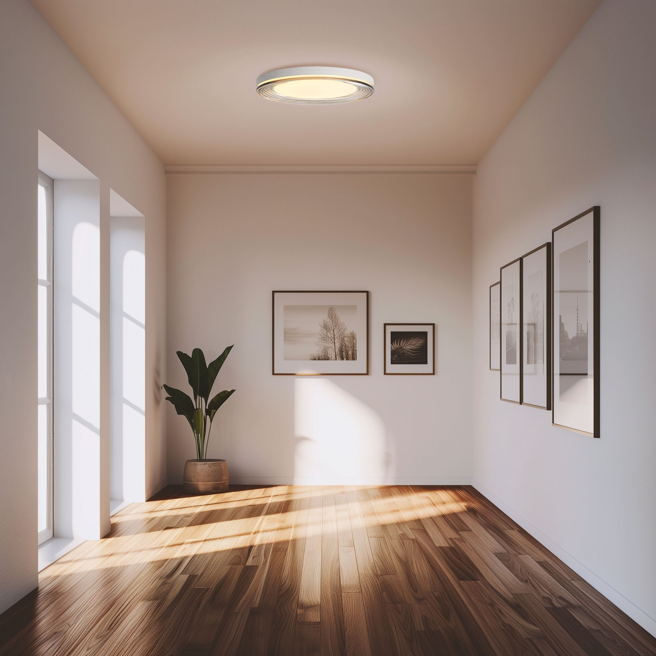 Ondulada Integrated LED 20in Flush Mount in Sand White and Smoky Acrylic, shown in a room setting - Golden Lighting