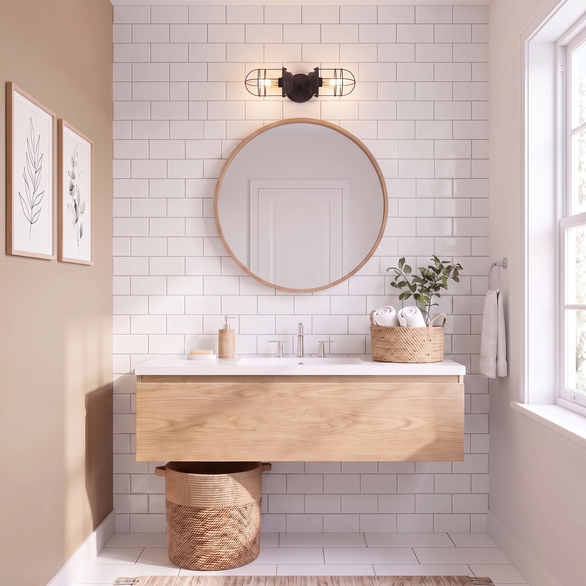 Seaport 2-light Vanity in Matte Black, AI-visualized bathroom scene - Golden Lighting