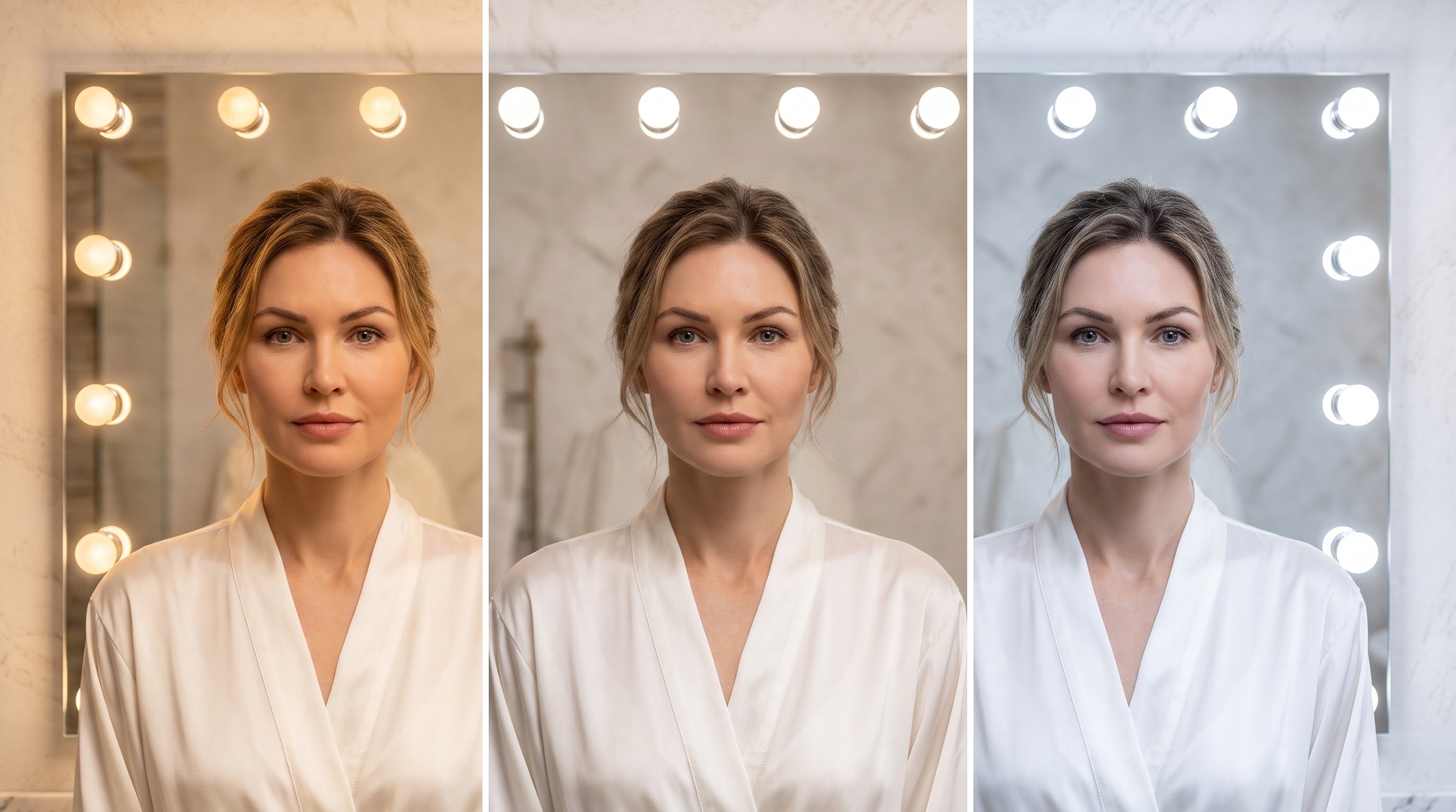 The same face under 3000K, 4500K, and 6400K mirror light settings, AI-visualized demonstration - Golden Lighting