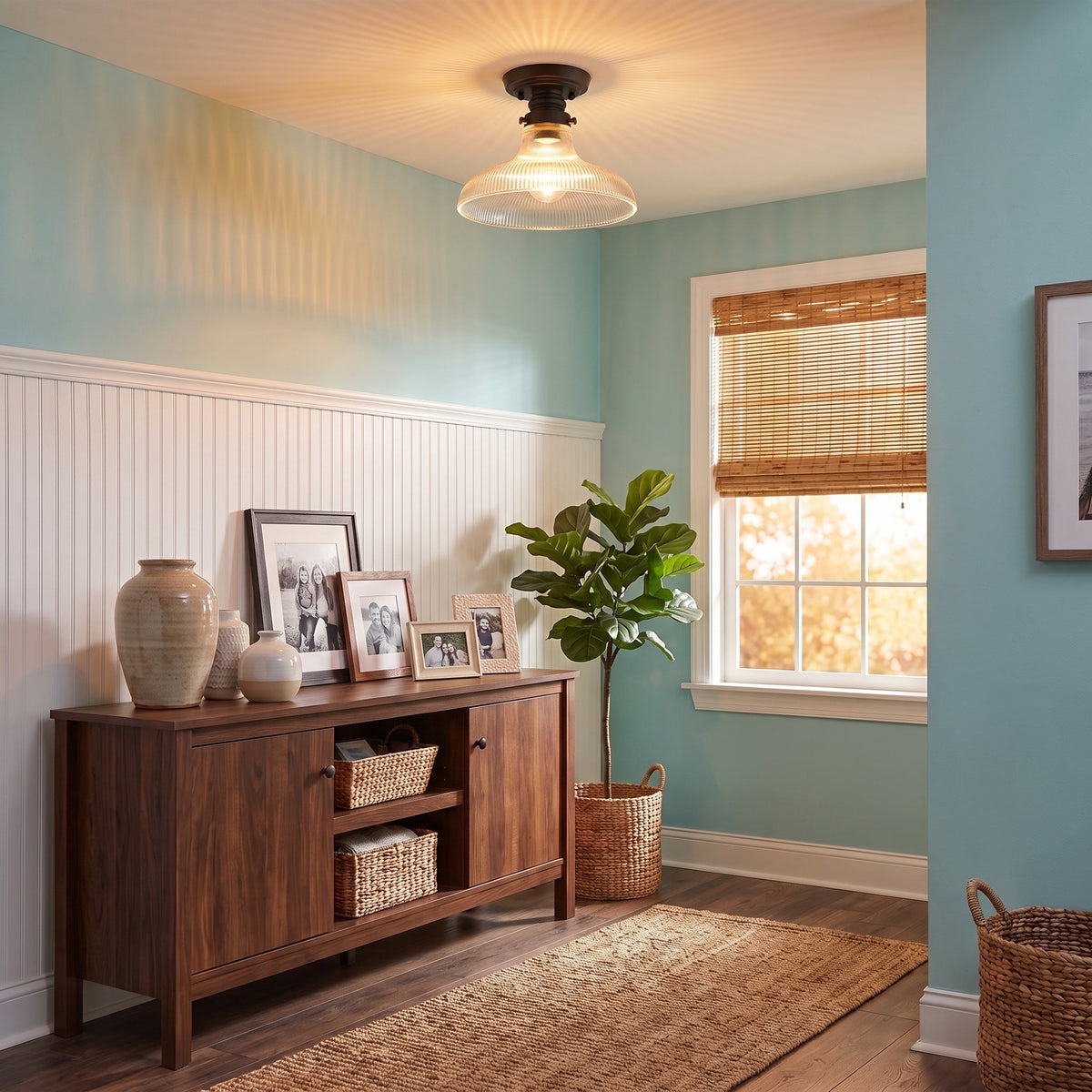 Clary 1-light Flush Mount in Matte Black, AI-visualized hallway scene - Golden Lighting