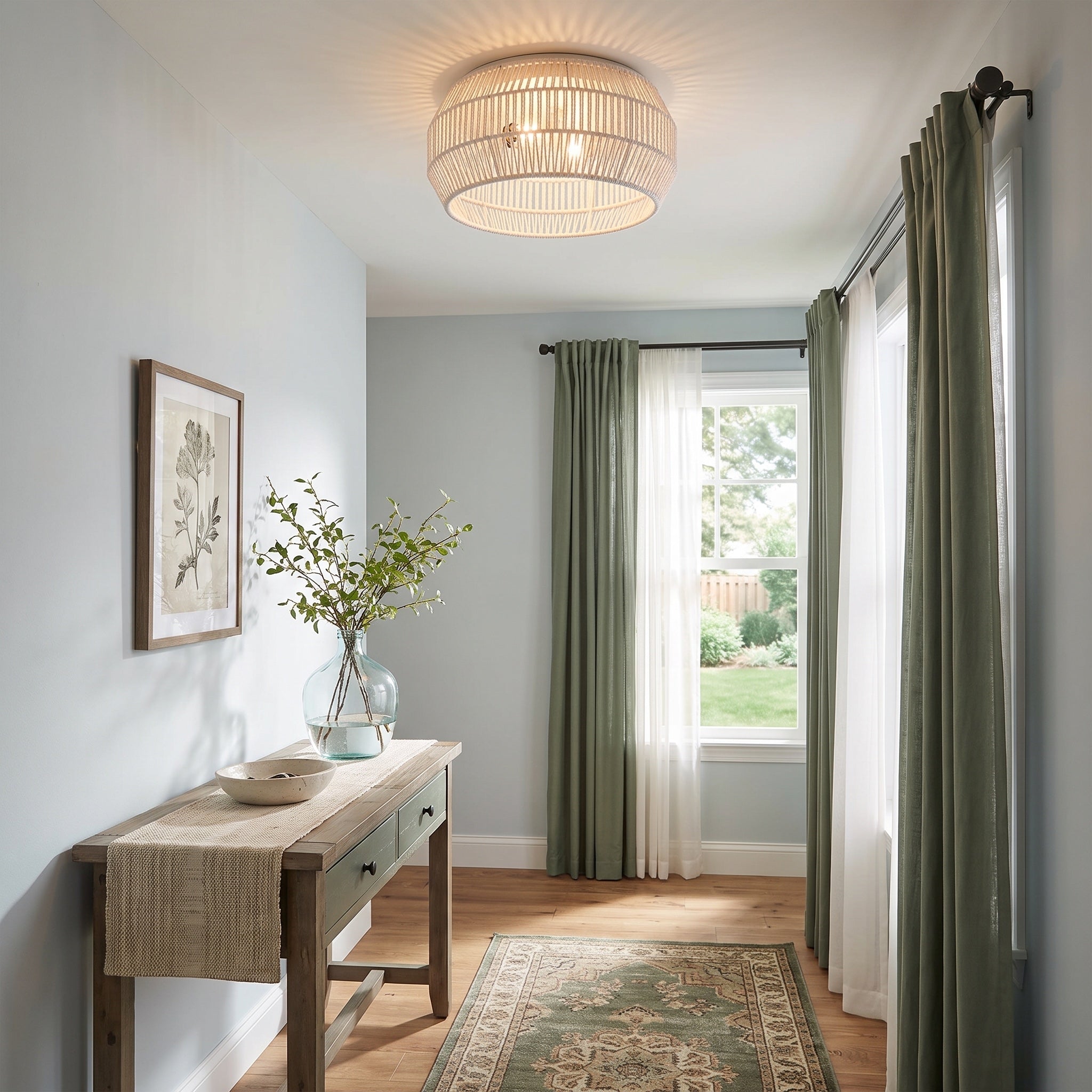 Marlee 2-light Flush Mount in Matte White, AI-visualized hallway scene - Golden Lighting