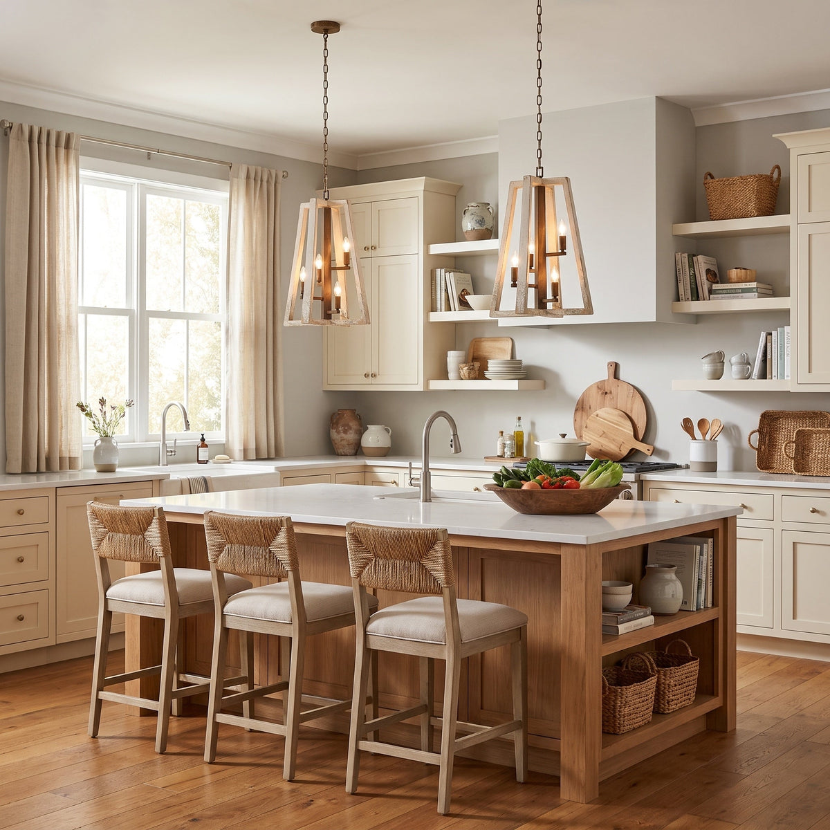 Pilar 4-light Pendant in Burnished Chestnut, AI-visualized breakfast nook scene - Golden Lighting