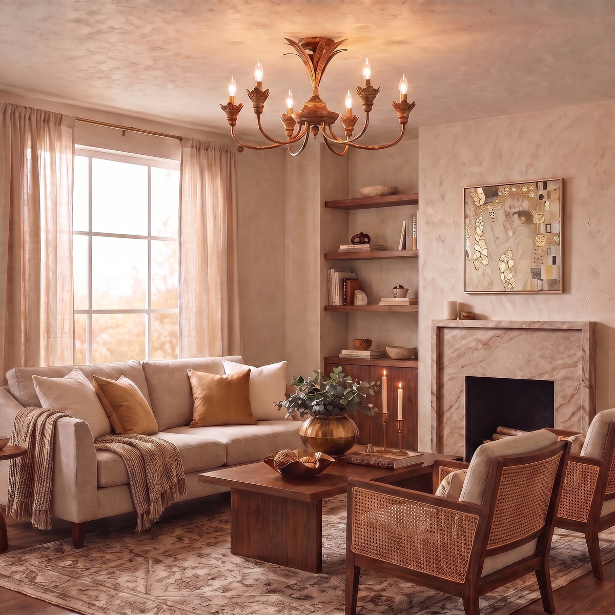 Lillianne 6-light Semi-Flush Mount in Heirloom Gold, AI-visualized foyer scene - Golden Lighting