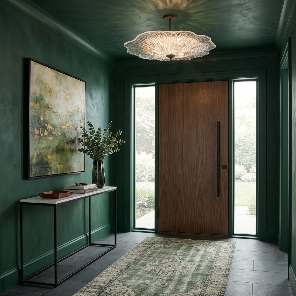 Coral Bloom Integrated LED 31in Pendant in Black Slate with Artisanal Clear Glass, shown in a room setting - Golden Lighting