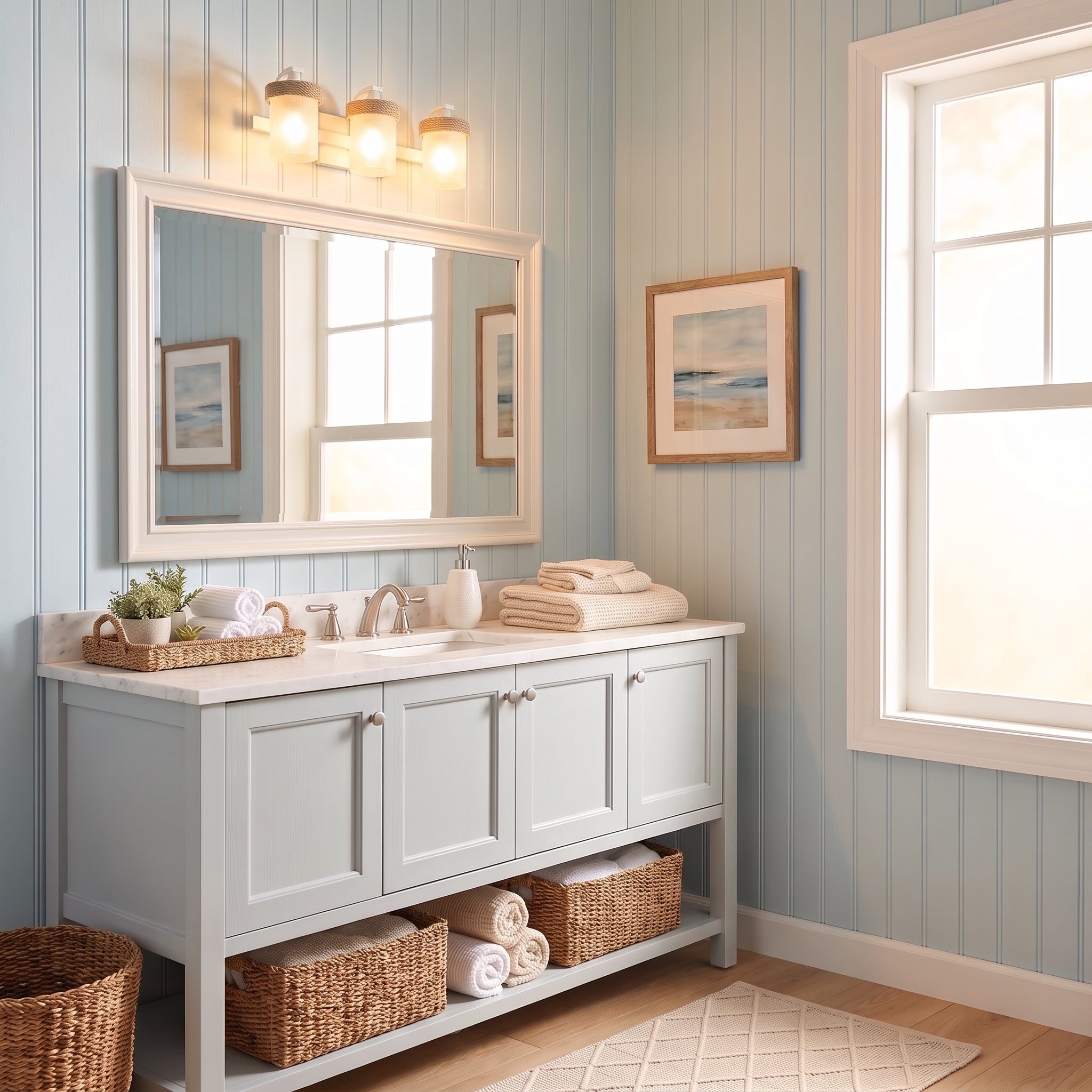 Chatham 3-light Vanity in Natural White, AI-visualized bathroom scene - Golden Lighting