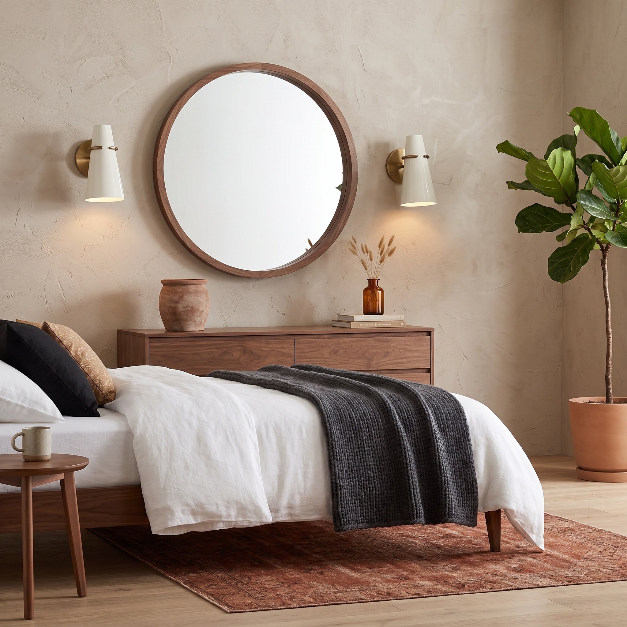Reeva 1-light Wall Sconce in Modern Brass and Glossy Ecru shade, AI-visualized bedroom scene - Golden Lighting