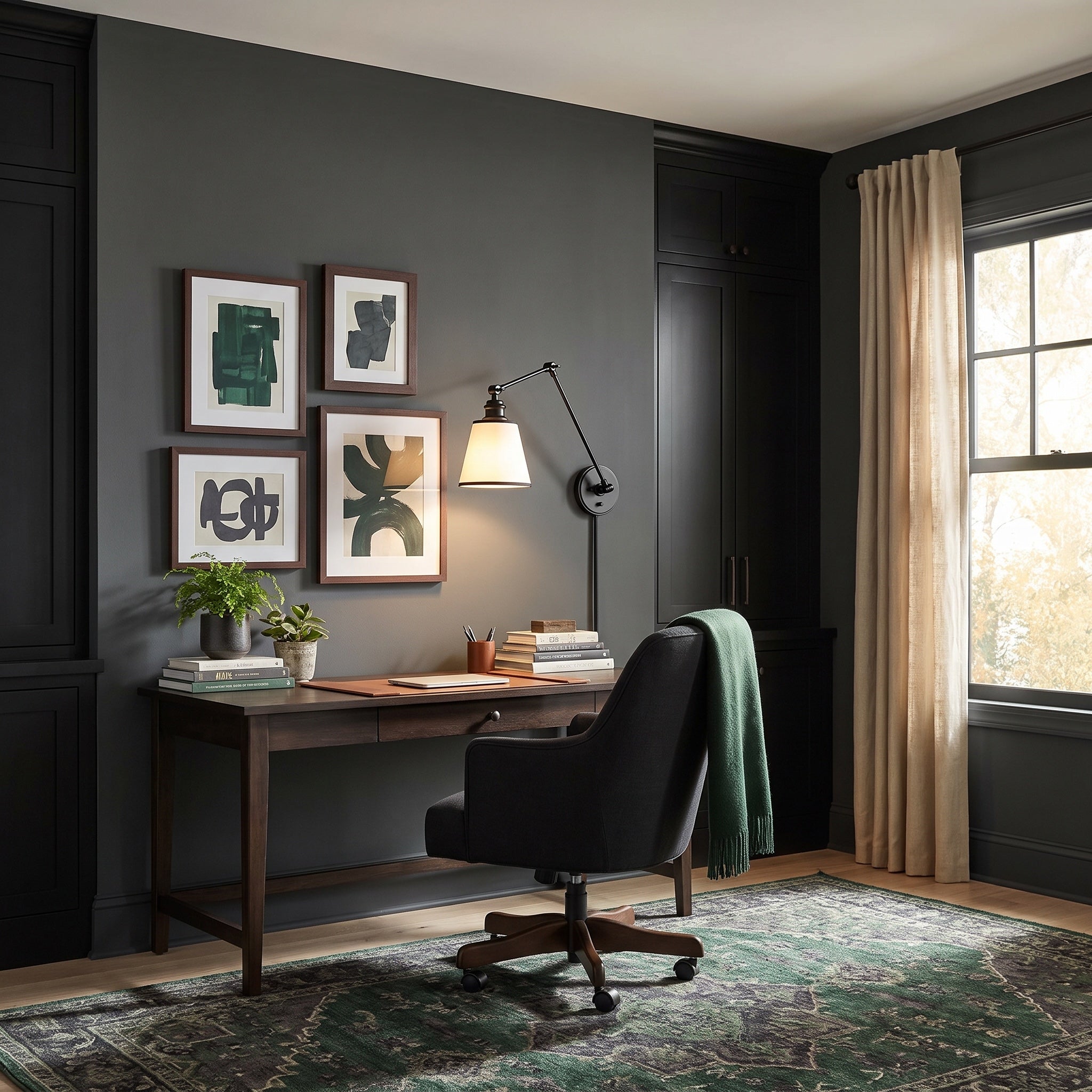 Equinox 1-light Swing Arm Wall Lamp in Matte Black, AI-visualized home office scene - Golden Lighting