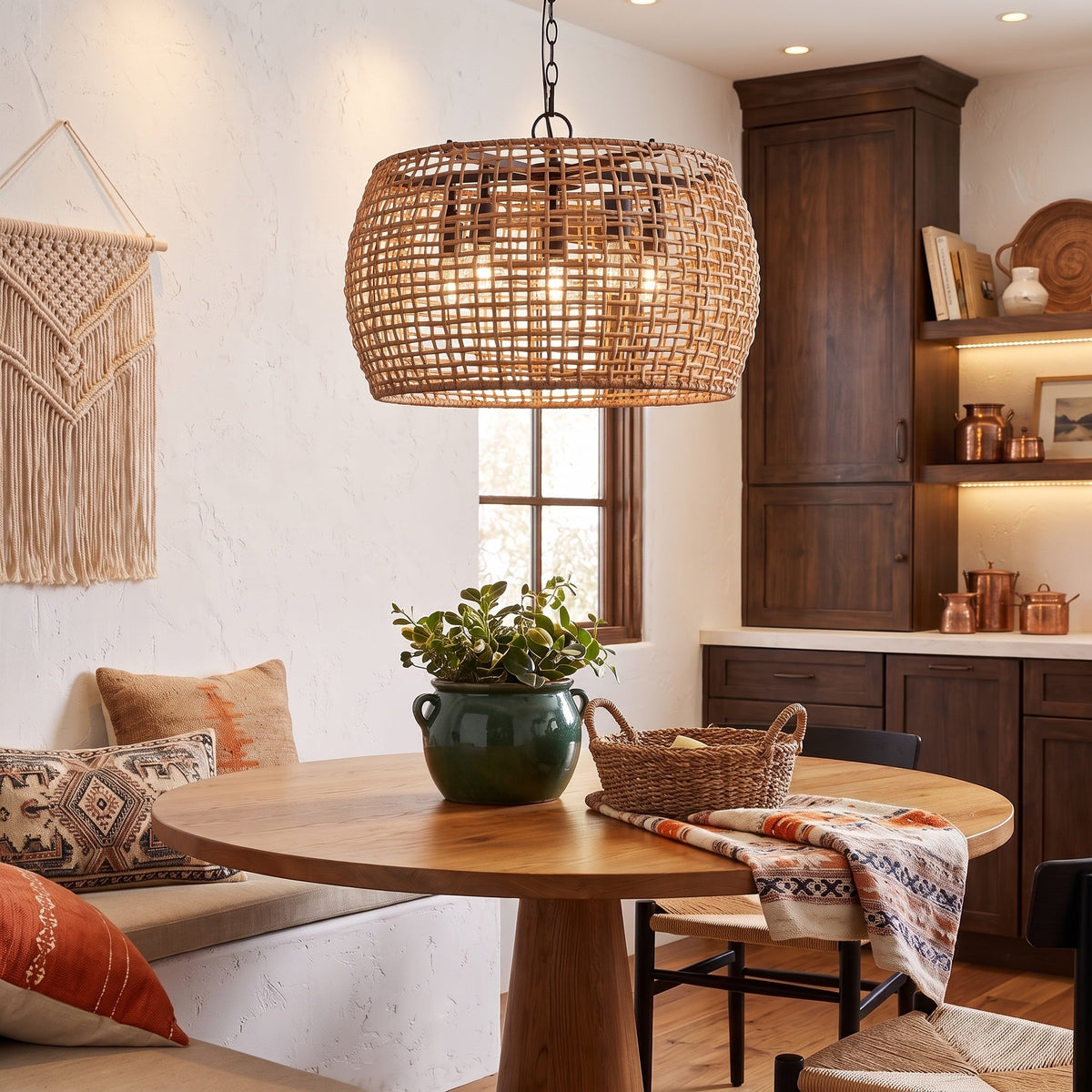Weavelight 5-light Pendant in Natural Black, AI-visualized dining room scene - Golden Lighting