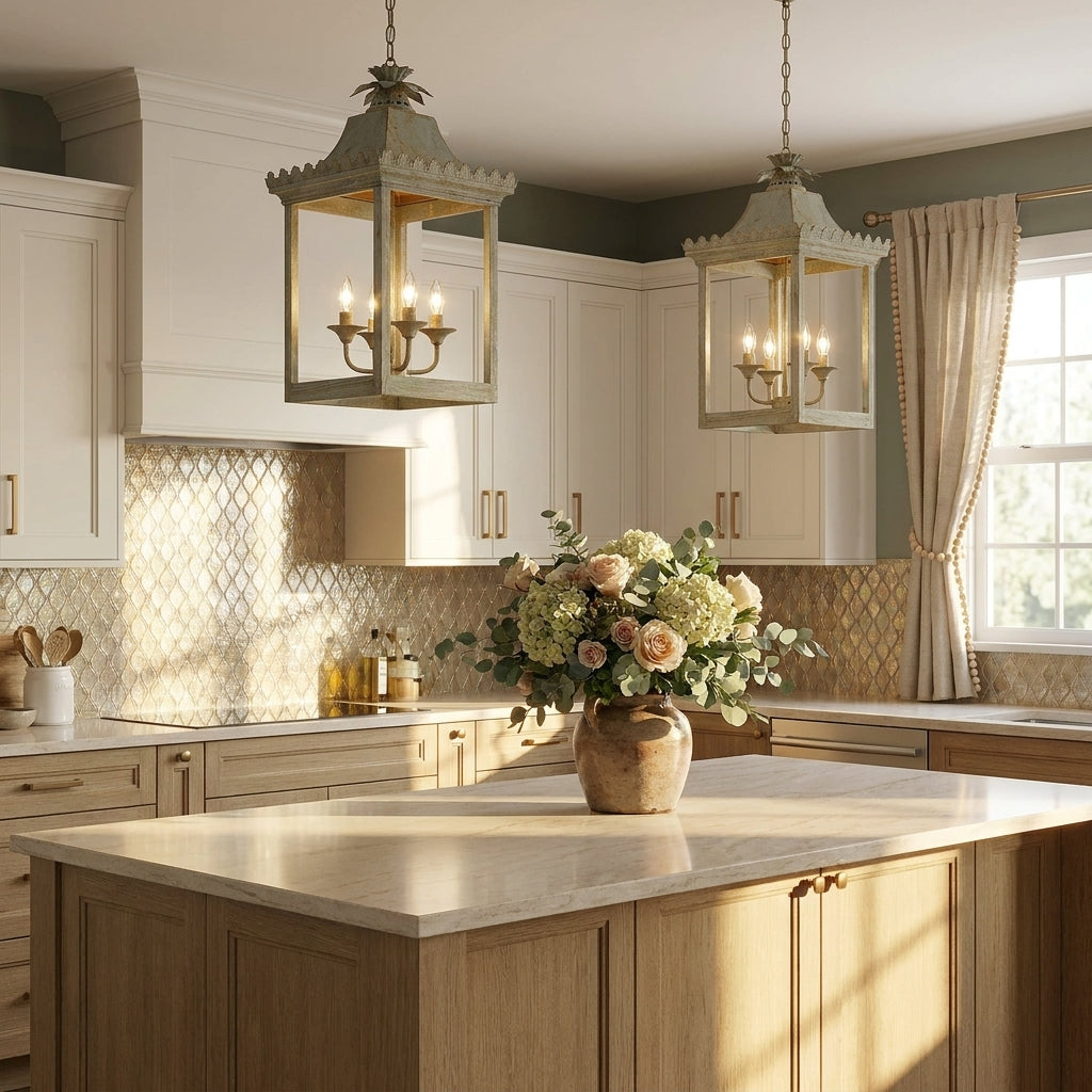 Finley 4-light Pendant in Vintage Sage, AI-visualized kitchen scene - Golden Lighting