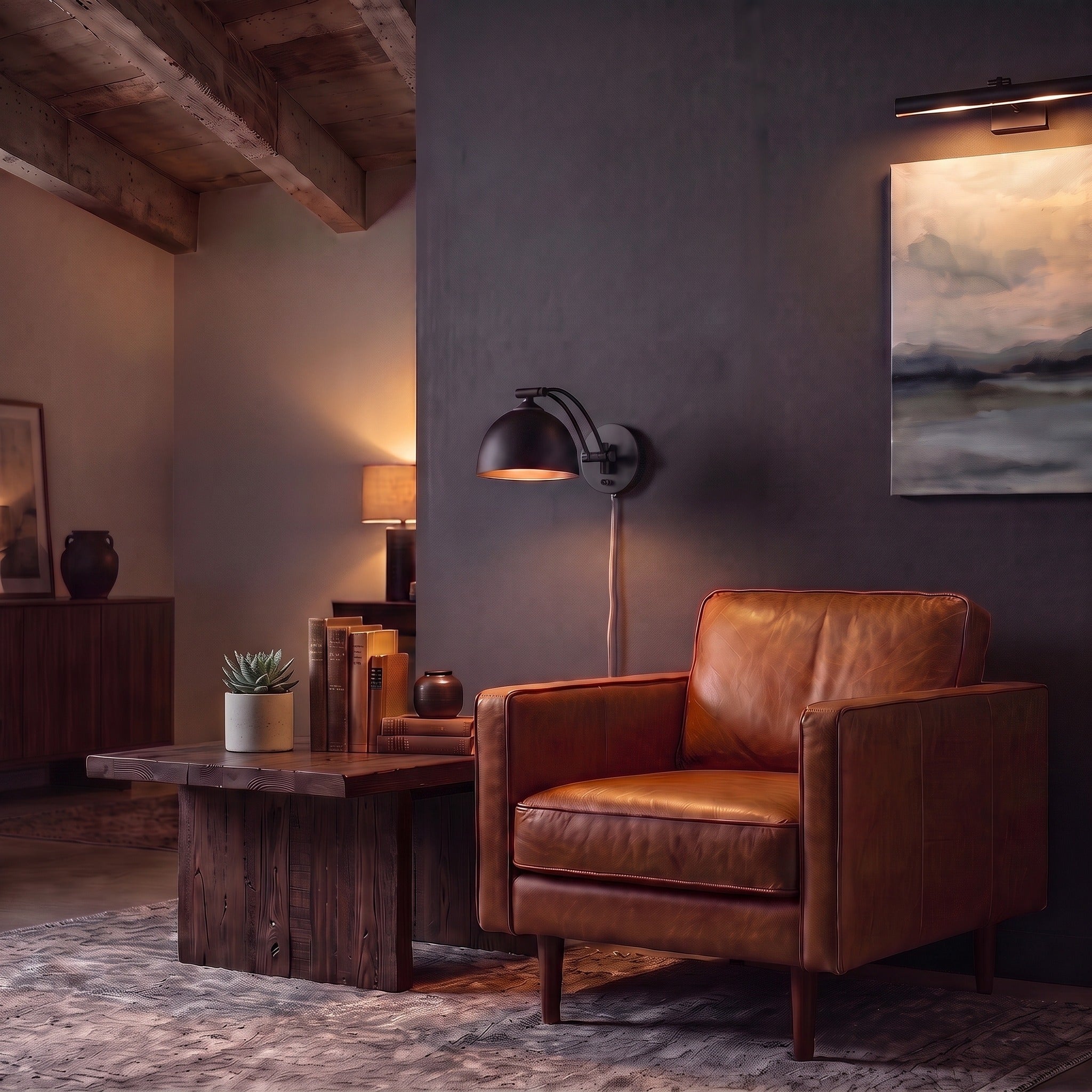 Rey 1-light Swing Arm Wall Lamp in Matte Black, AI-visualized home office scene - Golden Lighting
