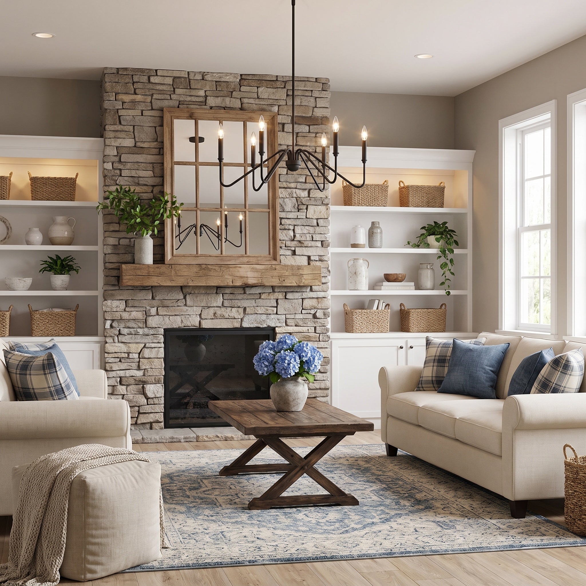 Kennedy 6-light Chandelier in Natural Black, AI-visualized living room scene - Golden Lighting