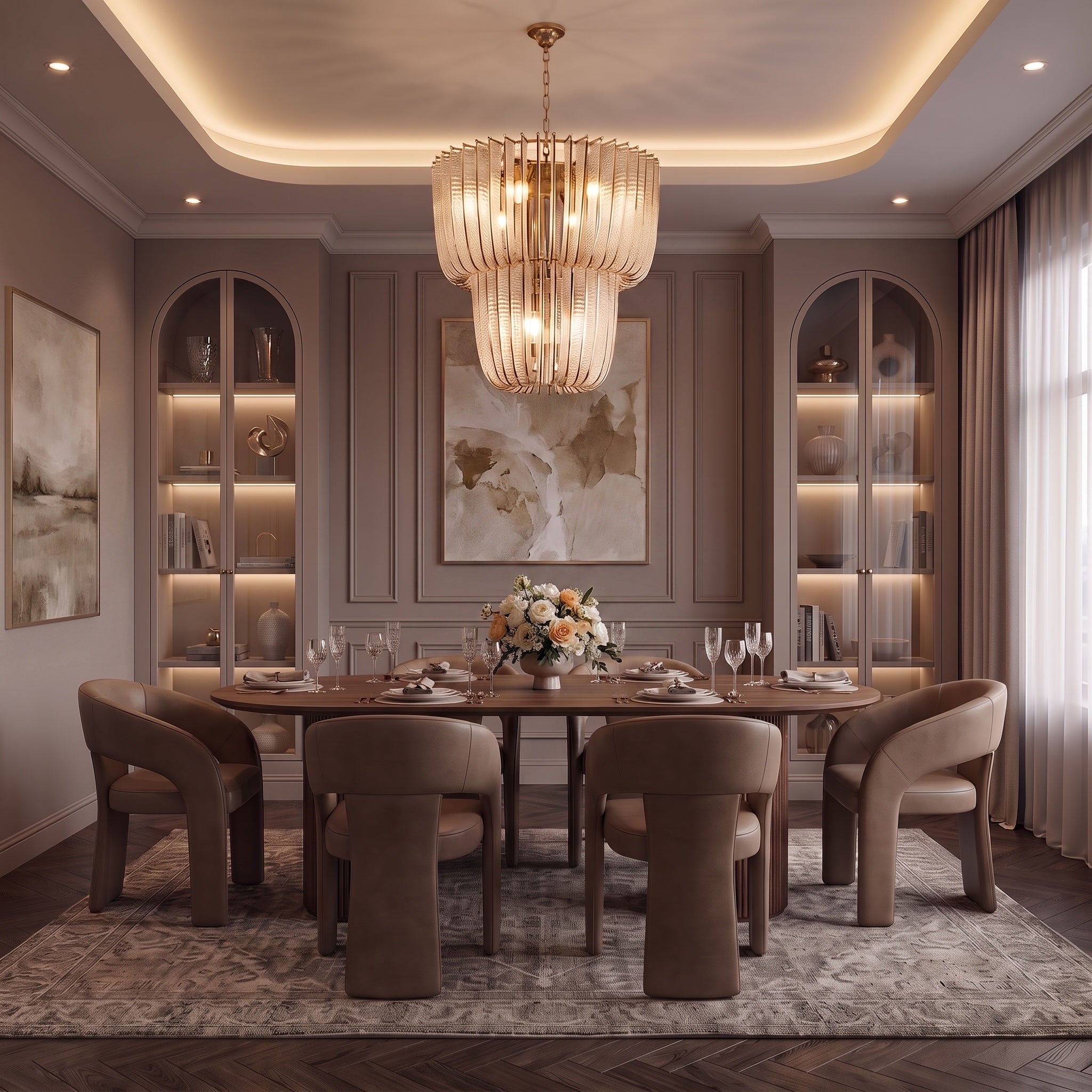 Shahi 9-light Chandelier in Titanium Gold, AI-visualized dining room scene - Golden Lighting