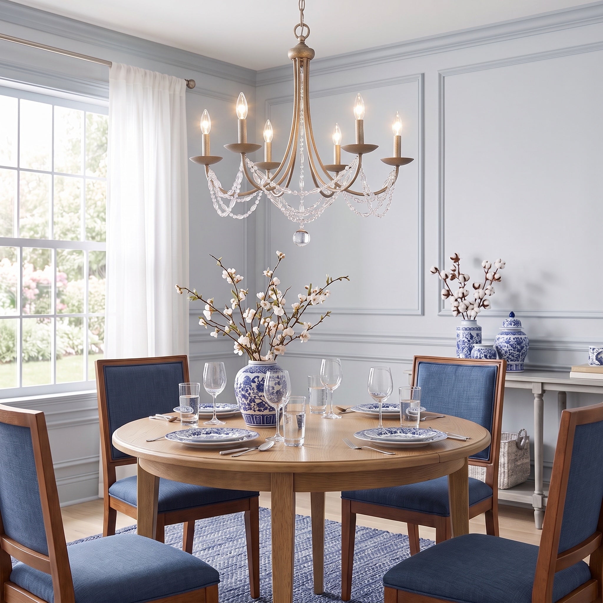 Mirabella 6-light Chandelier in Golden Aura, AI-visualized dining room scene - Golden Lighting