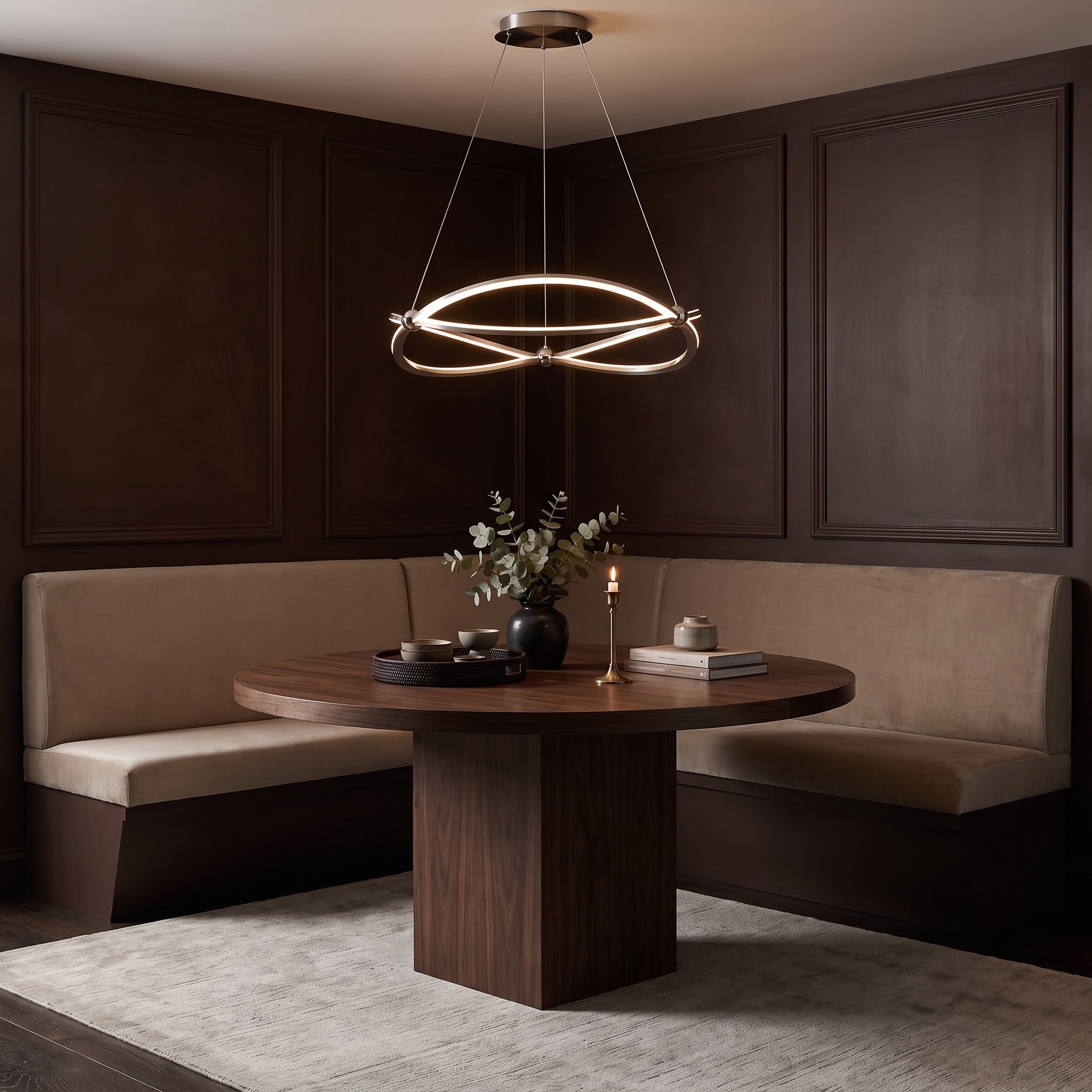 Spirale Integrated LED 24in Chandelier in Satin Nickel, AI-visualized dining room scene - Golden Lighting
