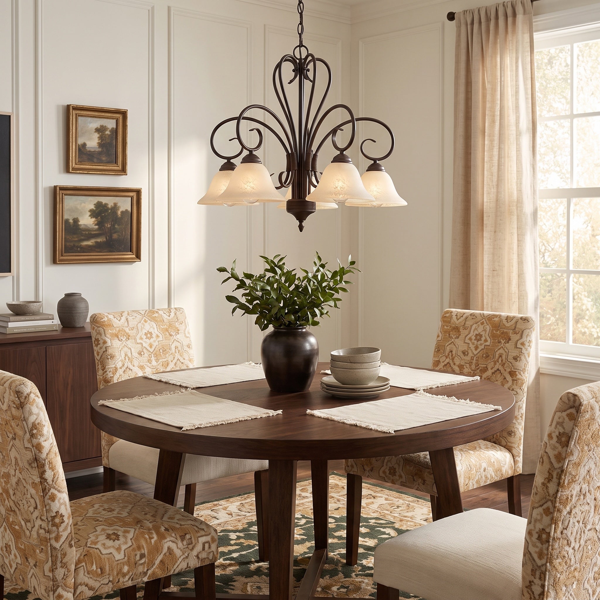 Homestead 5-light Chandelier in Rubbed Bronze and Tea Stone Glass, AI-visualized kitchen breakfast nook scene - Golden Lighting