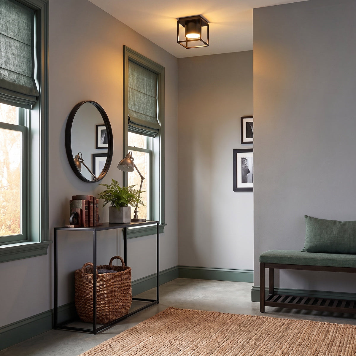 Desmond Integrated LED Flush Mount in Matte Black, AI-visualized room scene - Golden Lighting