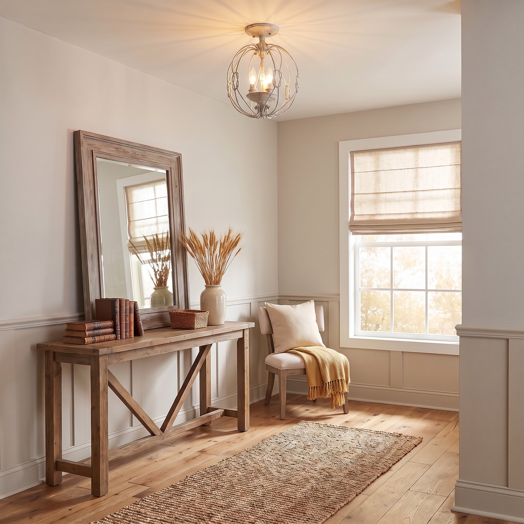 Antoinette 3-light Semi-Flush Mount in Oyster, AI-visualized room scene - Golden Lighting