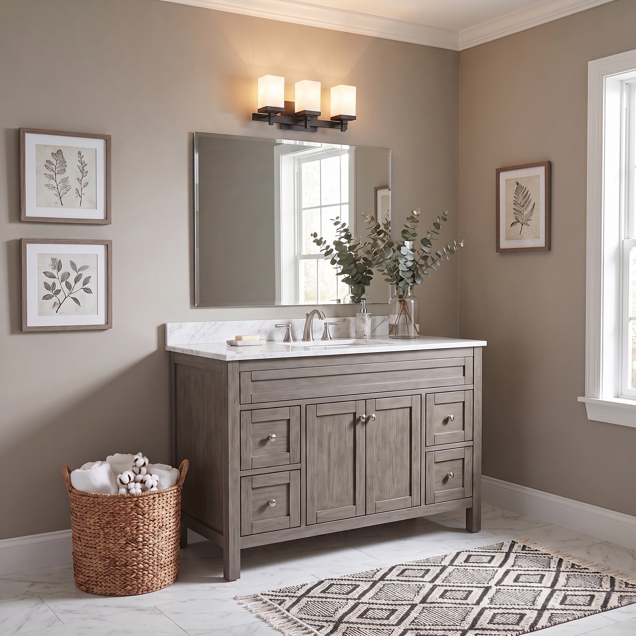 Maddox 3-light Vanity in Matte Black, AI-visualized bathroom scene - Golden Lighting