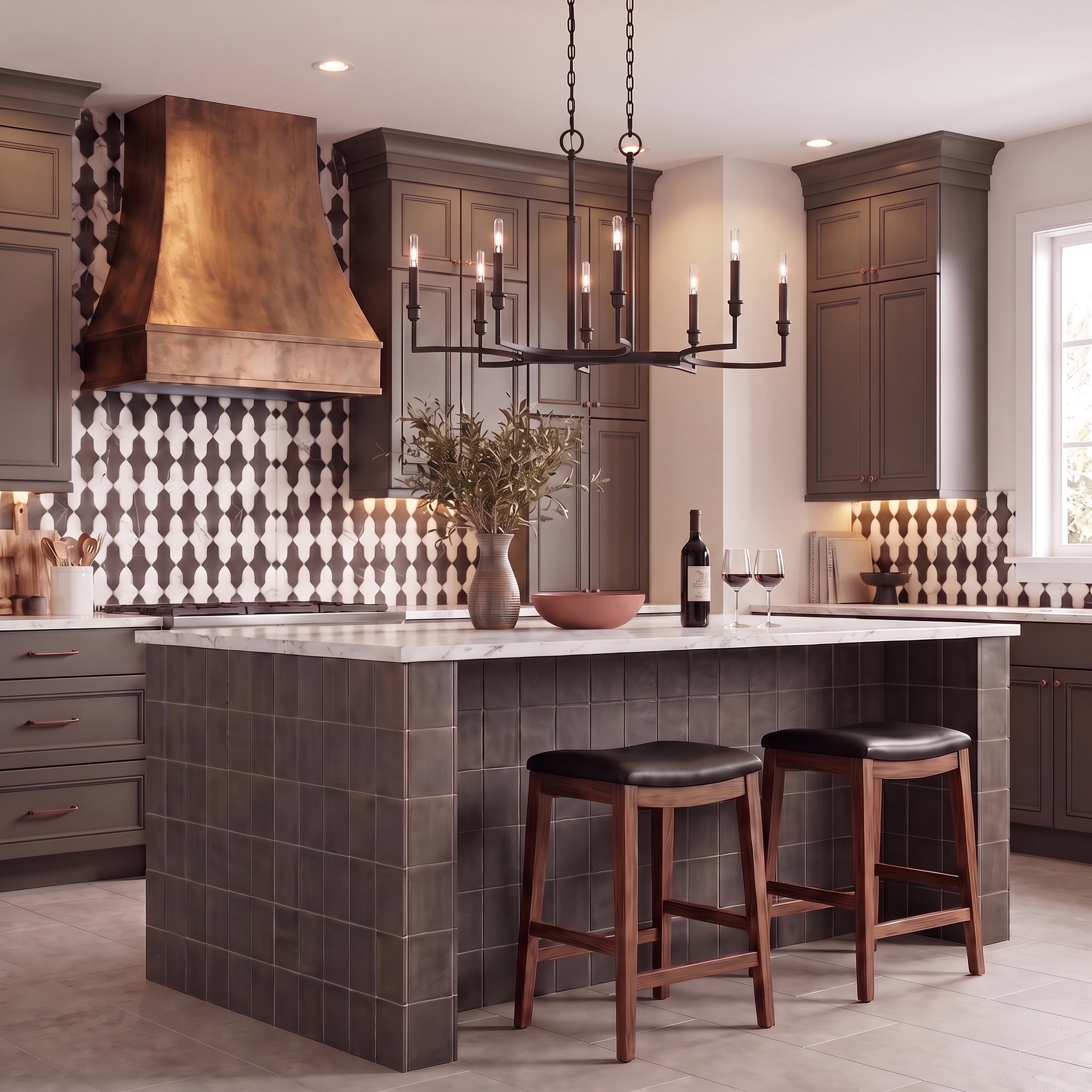Ellyn 8-light Island Light in Matte Black, AI-visualized kitchen scene - Golden Lighting