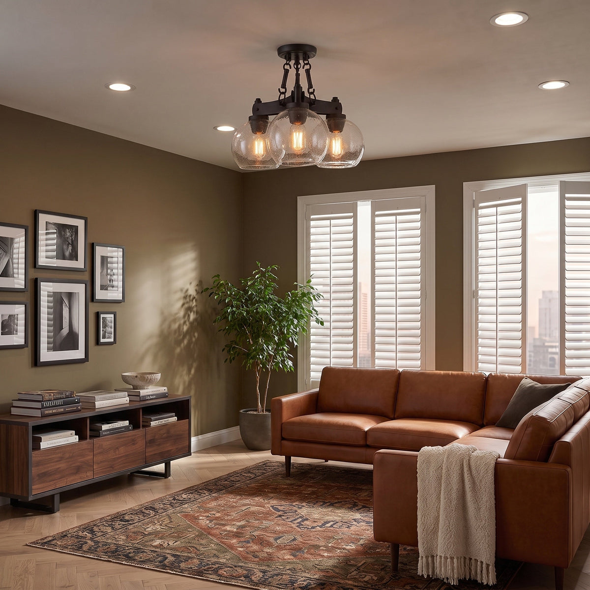 Galveston 3-light Semi-Flush Mount in Rubbed Bronze, AI-visualized living room scene - Golden Lighting