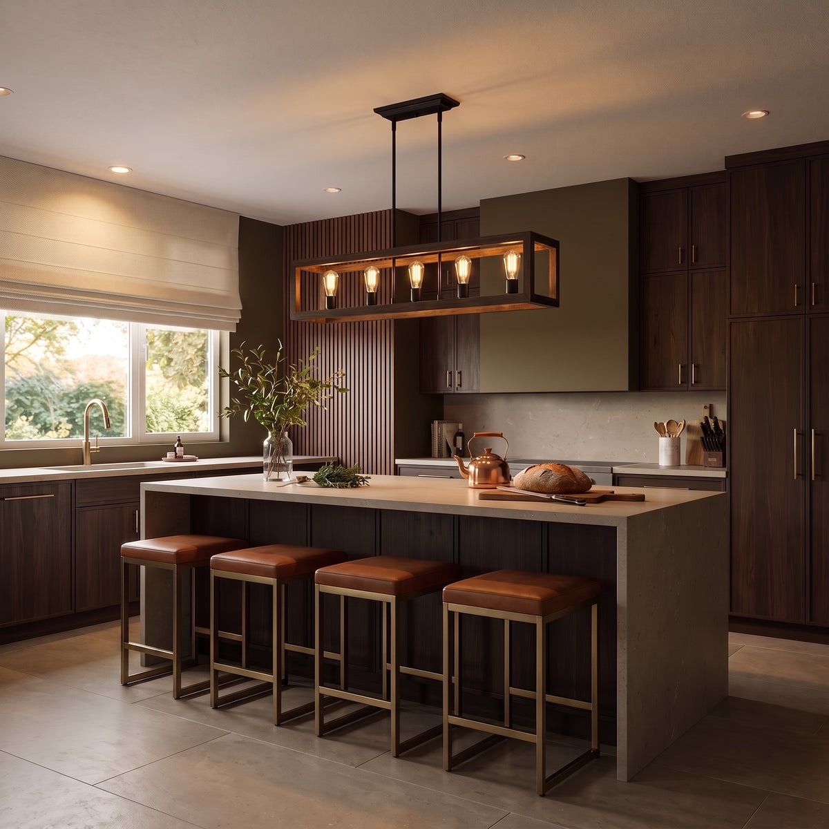 Sutton 5-light Island Light in Matte Black, AI-visualized kitchen scene - Golden Lighting