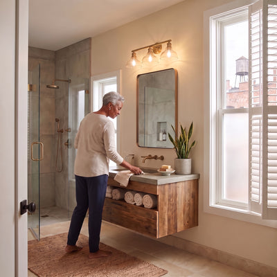 Carver 3-light Vanity in Brushed Champagne Brass, AI-visualized bathroom scene - Golden Lighting