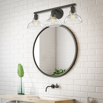 Carver 3 Light Bath Vanity in Rubbed Bronze with Clear Glass Shade - Incandescent,Type A / 3 x 60W(M) / 27.5"L x 8.625"H x 8.625"E - Golden Lighting