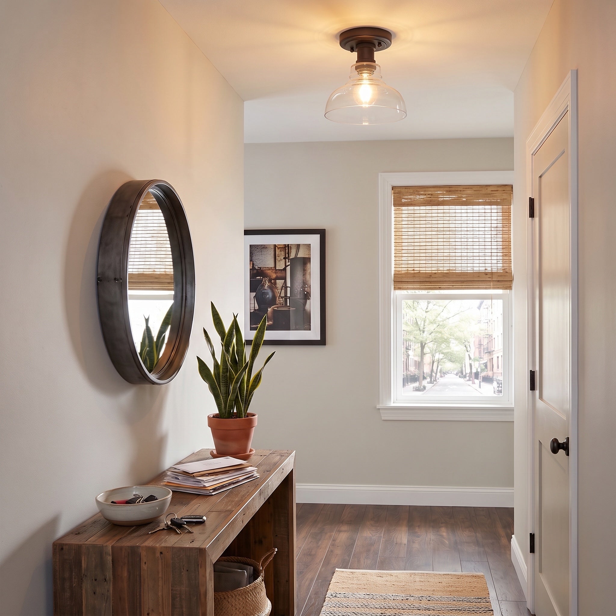 Carver 1-light Flush Mount in Rubbed Bronze, AI-visualized hallway scene - Golden Lighting