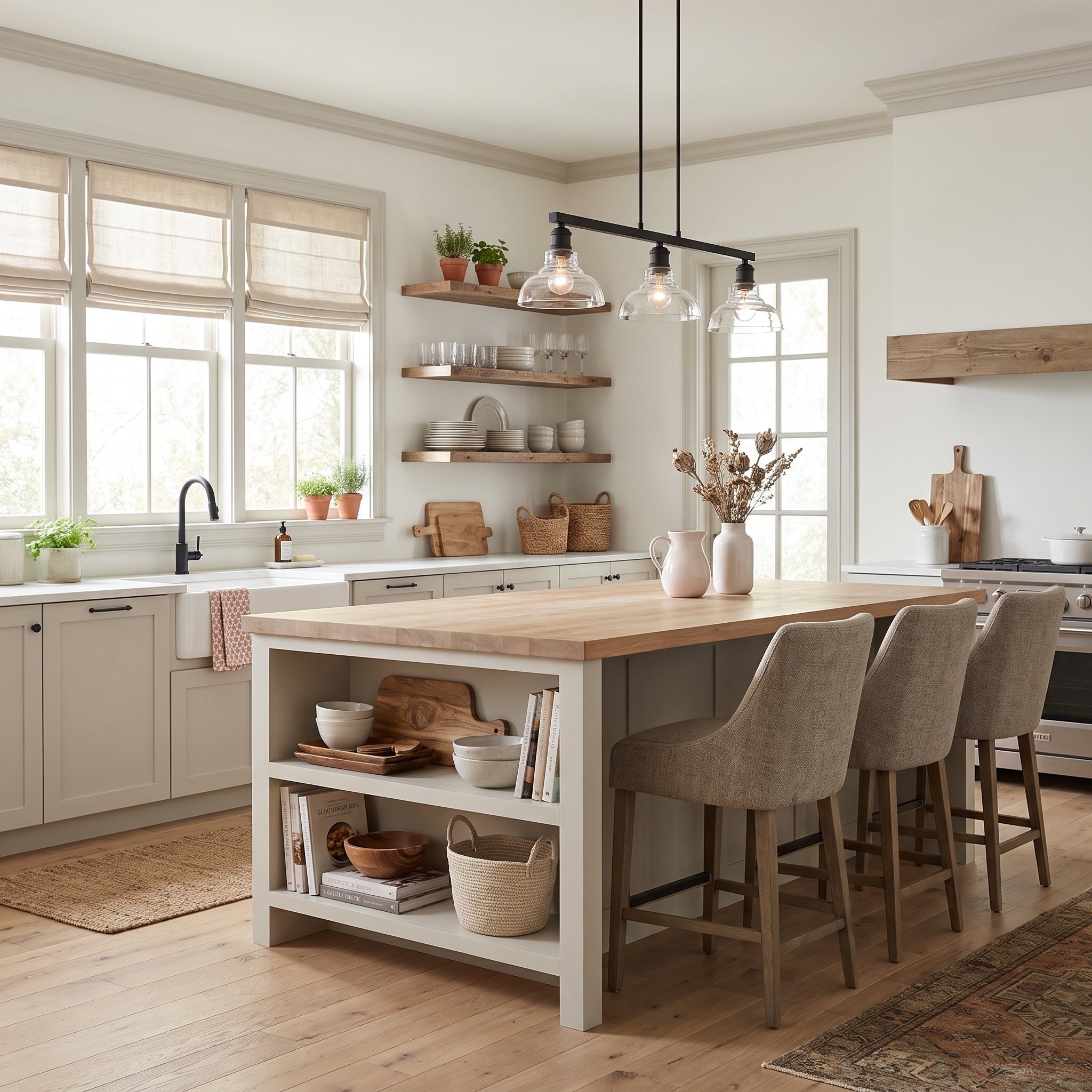 Carver 3-light Island Light in Matte Black, AI-visualized kitchen scene - Golden Lighting