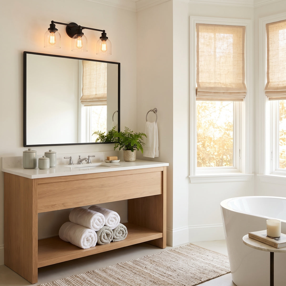 Fisher 3-light Vanity in Matte Black, AI-visualized powder room scene - Golden Lighting