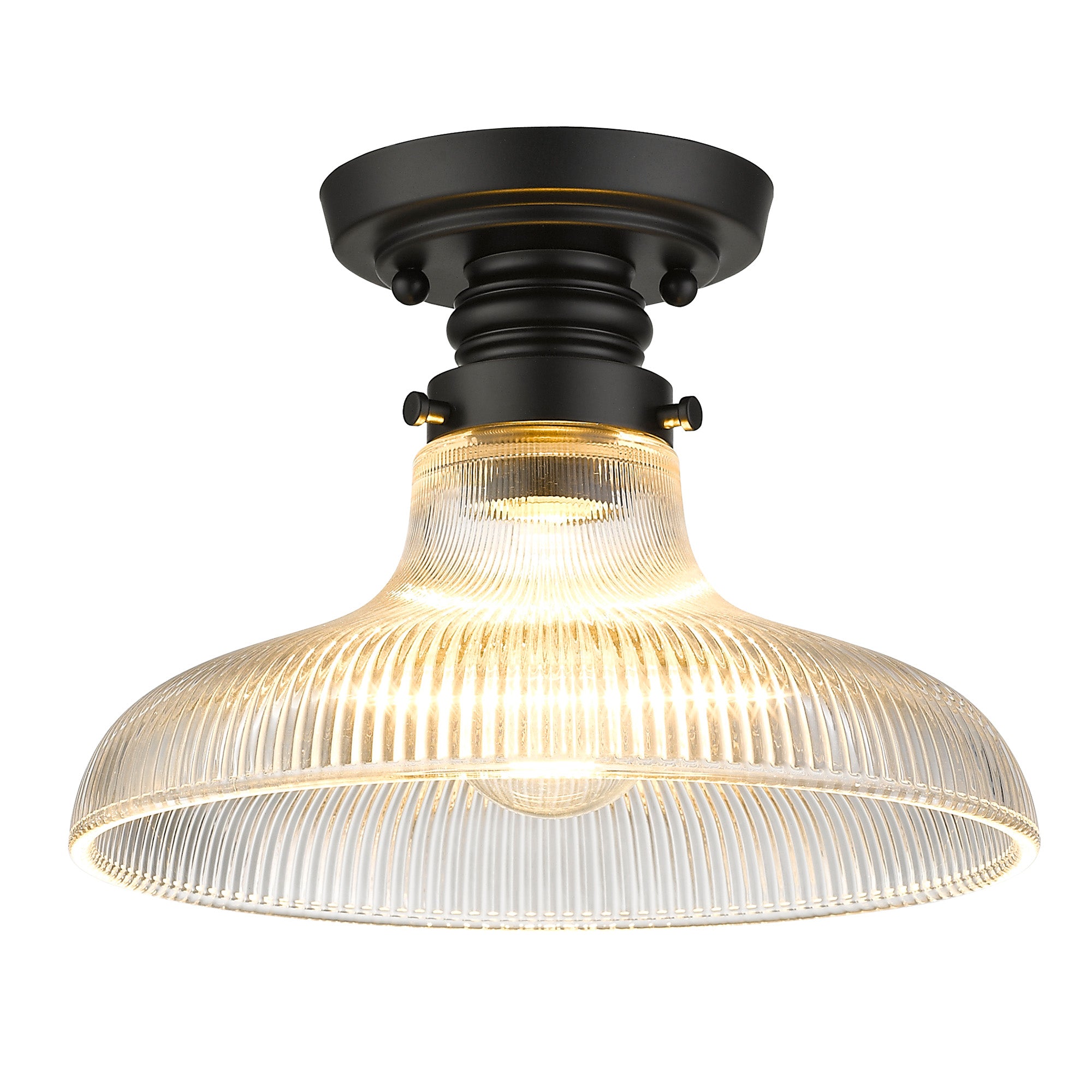 Clary Flush Mount - 10" in Matte Black with Ribbed Optic Glass Shade - - Golden Lighting