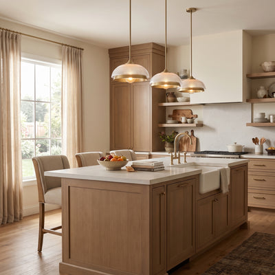 Crawford 1-light Pendant in Brushed Champagne Brass, AI-visualized breakfast nook scene - Golden Lighting