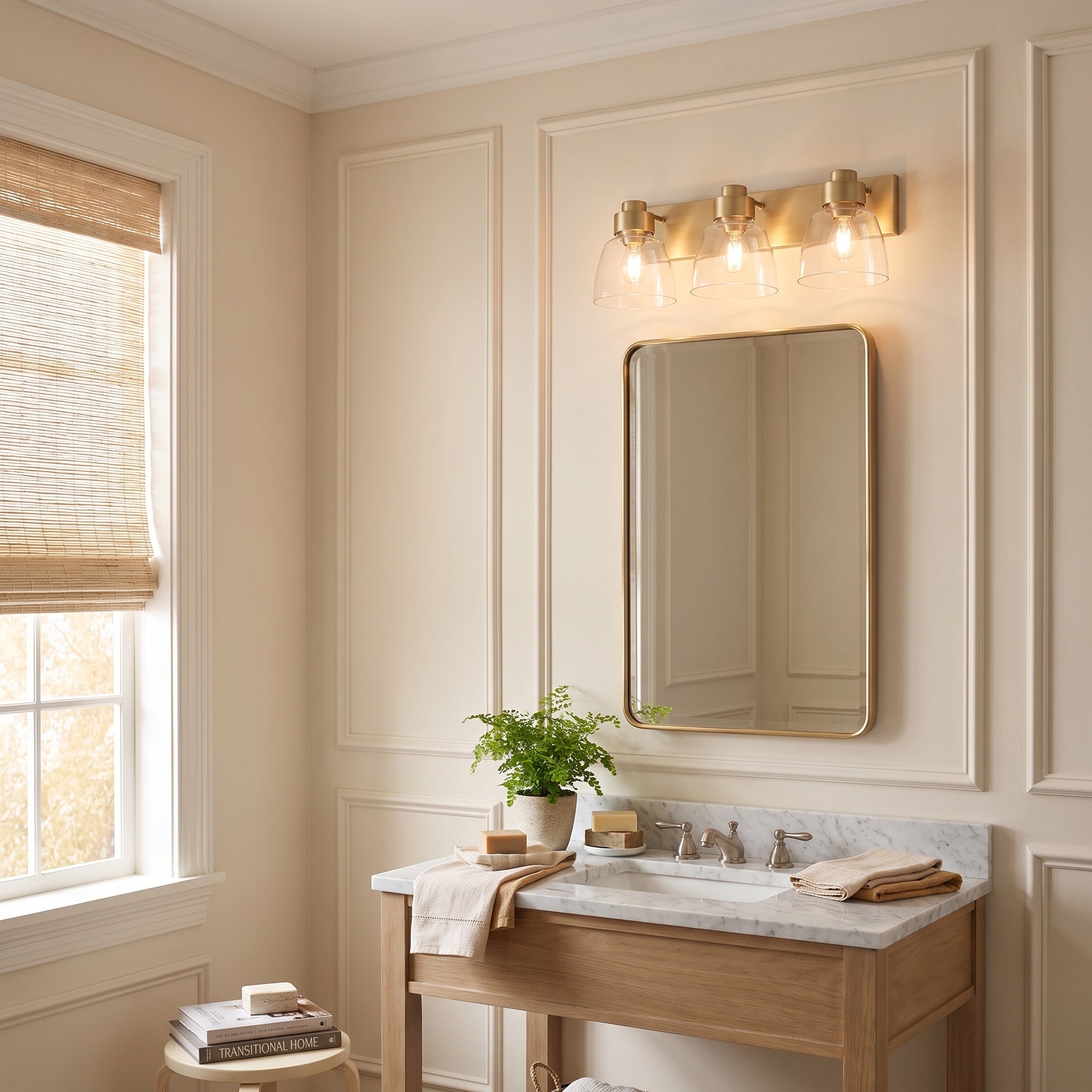 Remy 3-light Vanity in Brushed Champagne Brass, AI-visualized powder room scene - Golden Lighting