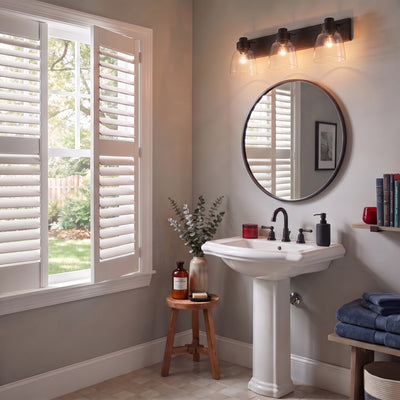 Remy 3-light Vanity in Matte Black, AI-visualized powder room scene - Golden Lighting