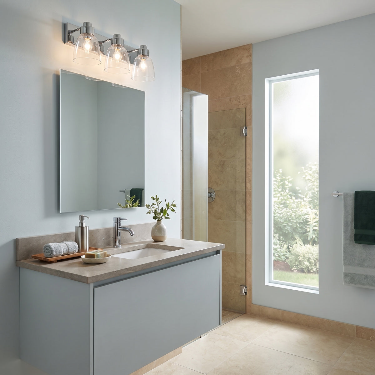 Remy 3-light Vanity in Chrome, AI-visualized room scene - Golden Lighting