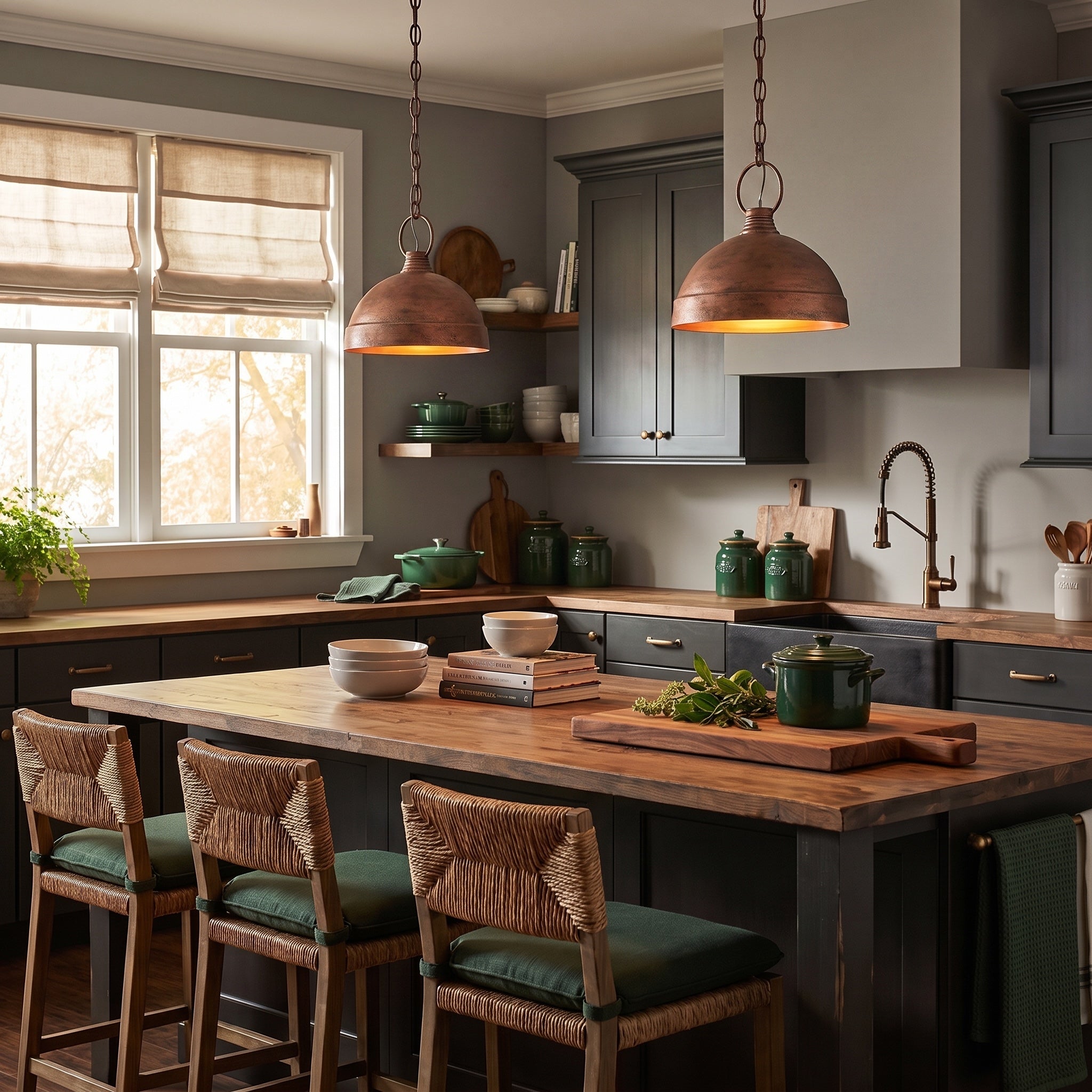 Lincoln 1-light Pendant in Vintage Copper, AI-visualized kitchen scene - Golden Lighting