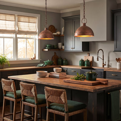 Lincoln 1-light Pendant in Vintage Copper, AI-visualized kitchen scene - Golden Lighting