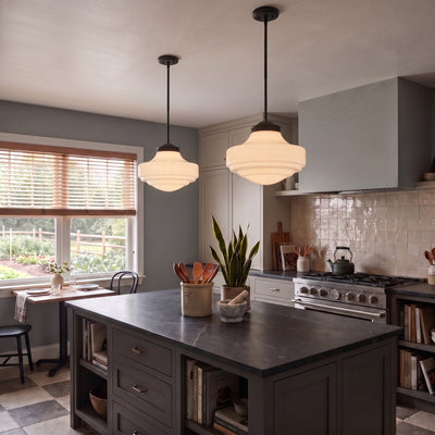 Ingalls 1-light Pendant in Matte Black, AI-visualized kitchen scene - Golden Lighting