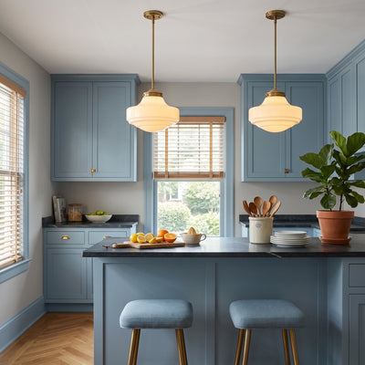 Ingalls 1-light 16in Pendant in Modern Brass and Vintage Milk Glass, AI-visualized room scene - Golden Lighting