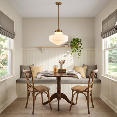 Ingalls 1-light 16in Pendant in Modern Brass and Vintage Milk Glass, AI-visualized room scene - Golden Lighting