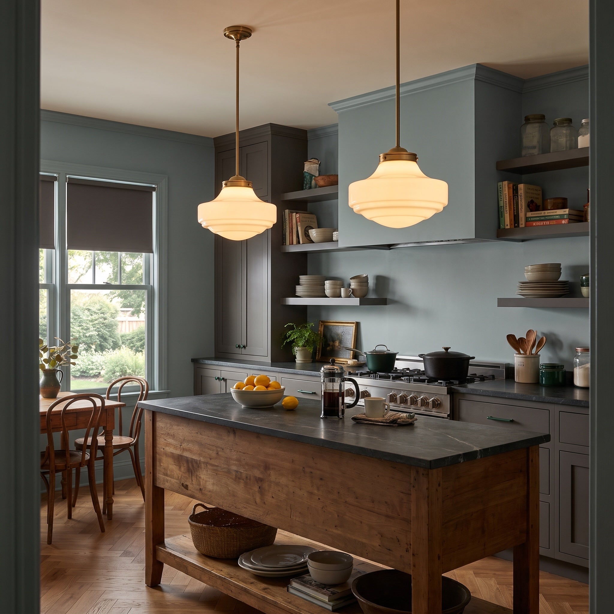 Ingalls 1-light 16in Pendant in Modern Brass and Vintage Milk Glass, AI-visualized room scene - Golden Lighting