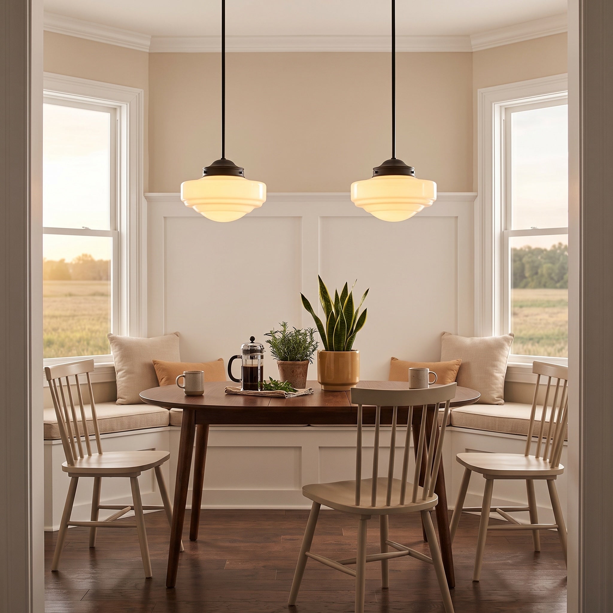 Ingalls 1-light 12in Pendant in Matte Black and Vintage Milk Glass, AI-visualized room scene - Golden Lighting