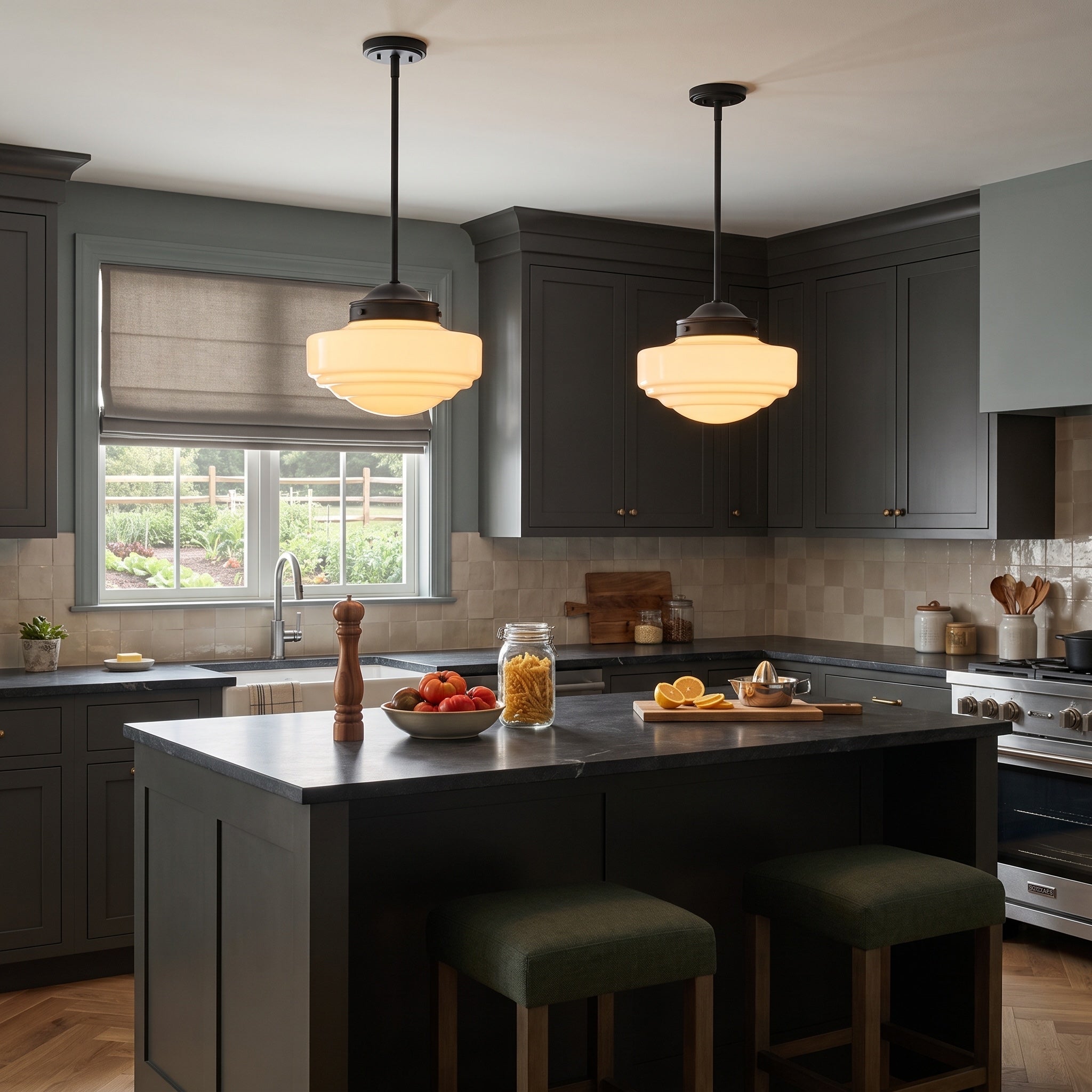 Ingalls 1-light 12in Pendant in Matte Black and Vintage Milk Glass, AI-visualized room scene - Golden Lighting