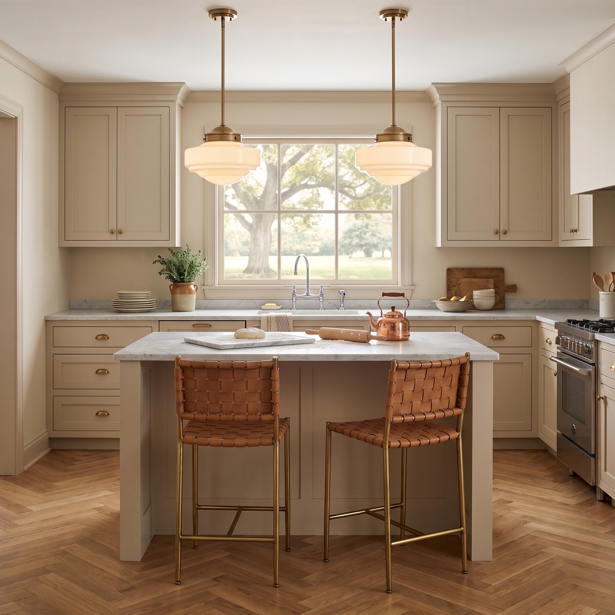 Ingalls 1-light 12in Pendant in Modern Brass and Vintage Milk Glass, AI-visualized room scene - Golden Lighting