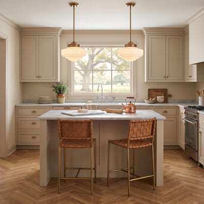 Ingalls 1-light 12in Pendant in Modern Brass and Vintage Milk Glass, AI-visualized room scene - Golden Lighting