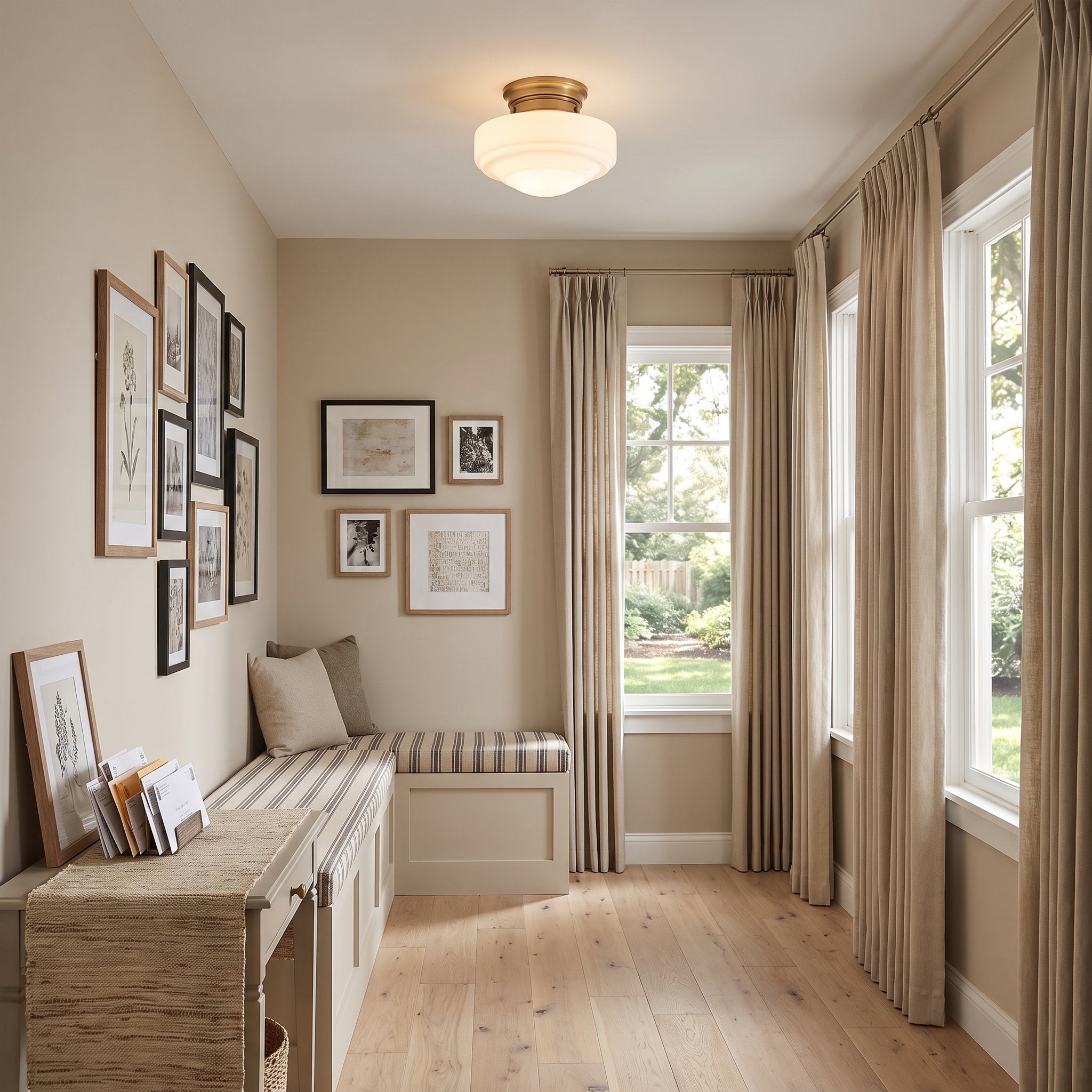 Ingalls 1-light 12in Semi-Flush Mount in Modern Brass and Vintage Milk Glass, AI-visualized room scene - Golden Lighting